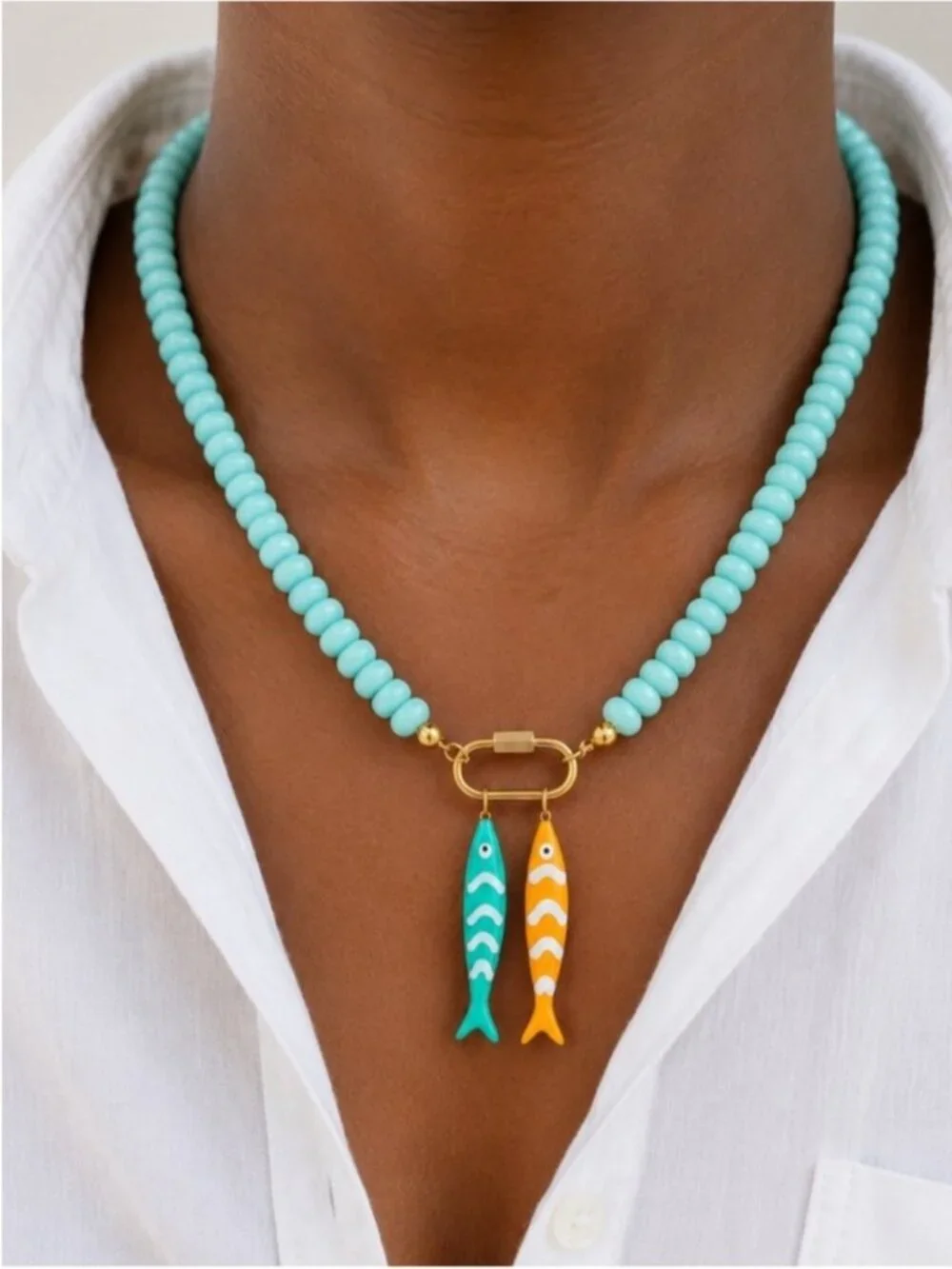 New! Coastal Colorful Beaded Fish Sardine Carabiner Necklace NWOT 5035